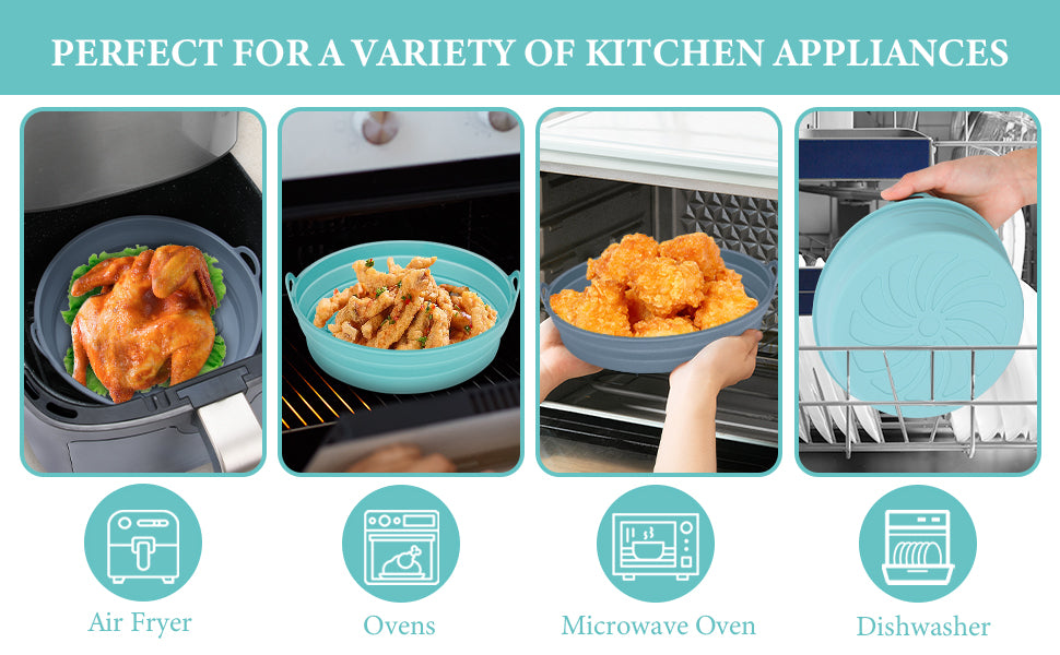 Ceecysaa 2 Pack Round Silicone Air Fryer Liners, 8 Inch Reusable Air Fryer Accessories, Foldable Air Fryer Silicone Pot Basket, for 3 to 5 QT Oven Microwave Accessories -Blue & Grey