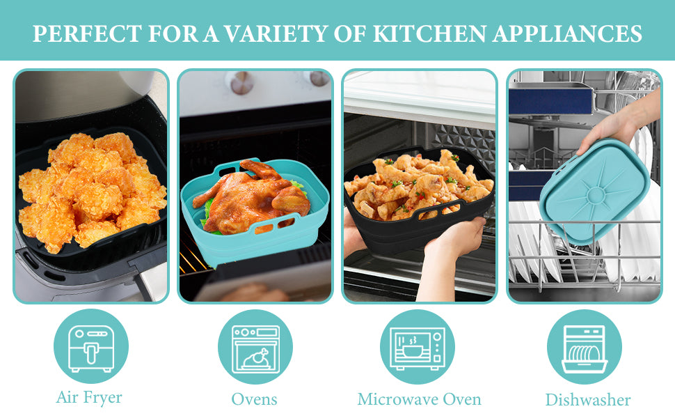 Ceecysaa 2 Pack Rectangle Silicone Air Fryer Liners, 8.2 Inch Reusable Air Fryer Accessories, Foldable Air Fryer Silicone Pot Basket, for 5 to 8 QT Oven Microwave Accessories -Blue & Black