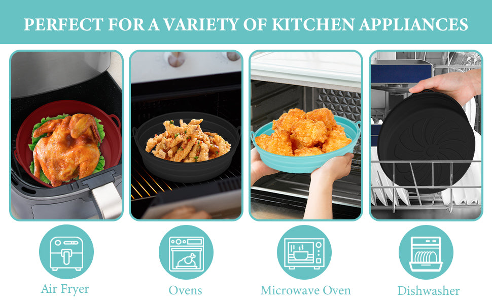 Ceecysaa 3 Pack Round Silicone Air Fryer Liners, 8 Inch Reusable Air Fryer Accessories, Foldable Air Fryer Silicone Pot Basket, for 3 to 5 QT Oven Microwave Accessories -Blue & Black & Red