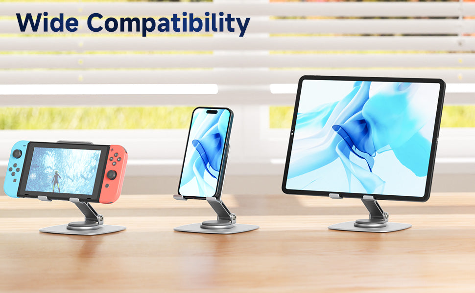 Ceecysaa 360 Rotating Cell Phone Stand, Adjustable Cell Phone Stand for Desk, Foldable Desktop Cell Phone Holder Accessories, Non-Slip Metal Base, Portable, Compatible with All Phones, Silver