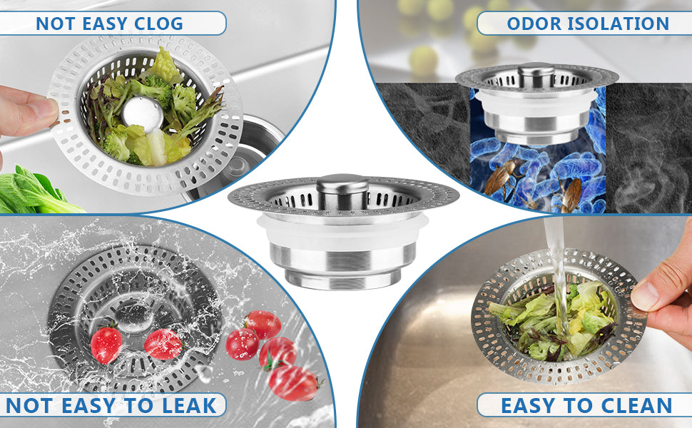 Ceecysaa Upgraded 3 in1 Kitchen Sink Drain Strainer & Stopper – Stainless Steel Pop-Up Sink Plug with Anti-Clogging Basket, Fits Standard 3-1/2'' Sink Drain Hole, Silver