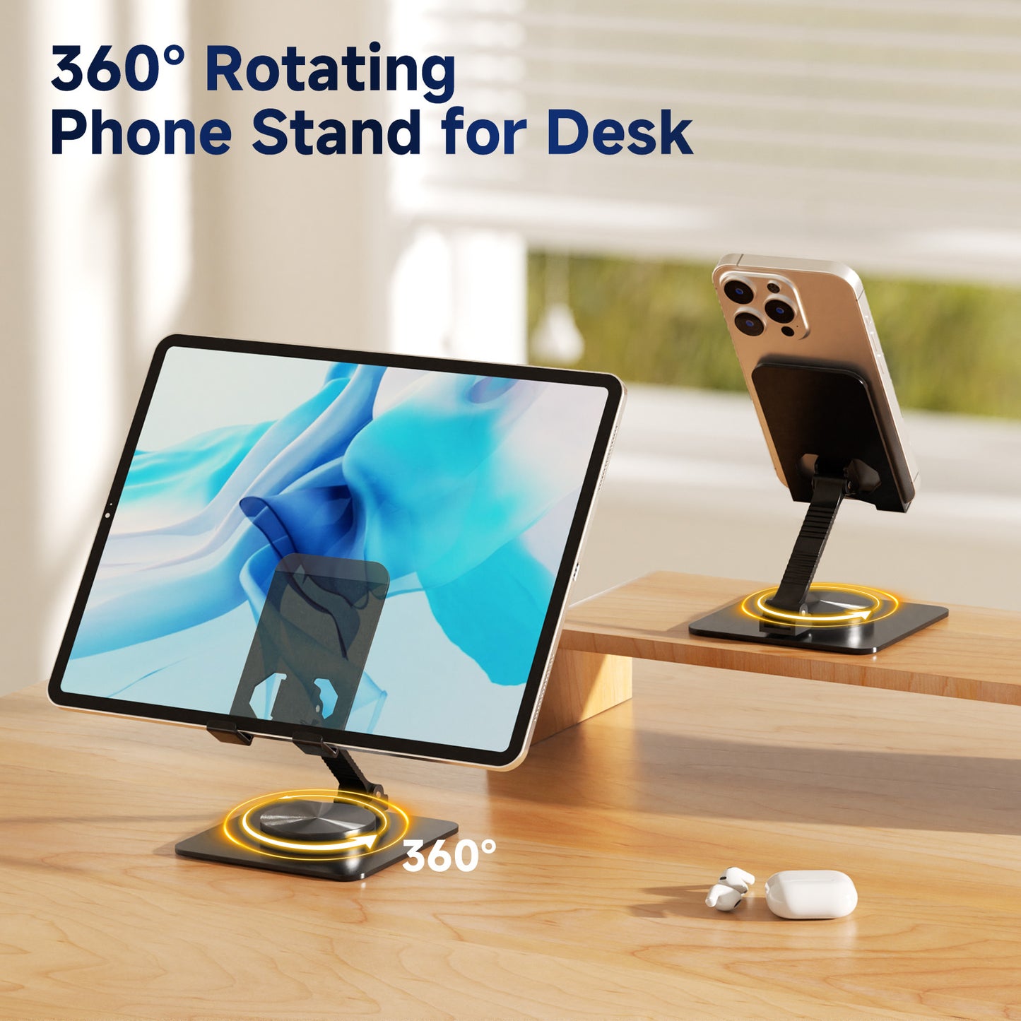 Ceecysaa 360 Rotating Cell Phone Stand, Adjustable Cell Phone Stand for Desk, Foldable Desktop Cell Phone Holder Accessories, Non-Slip Metal Base, Portable, Compatible with All Phones, Black