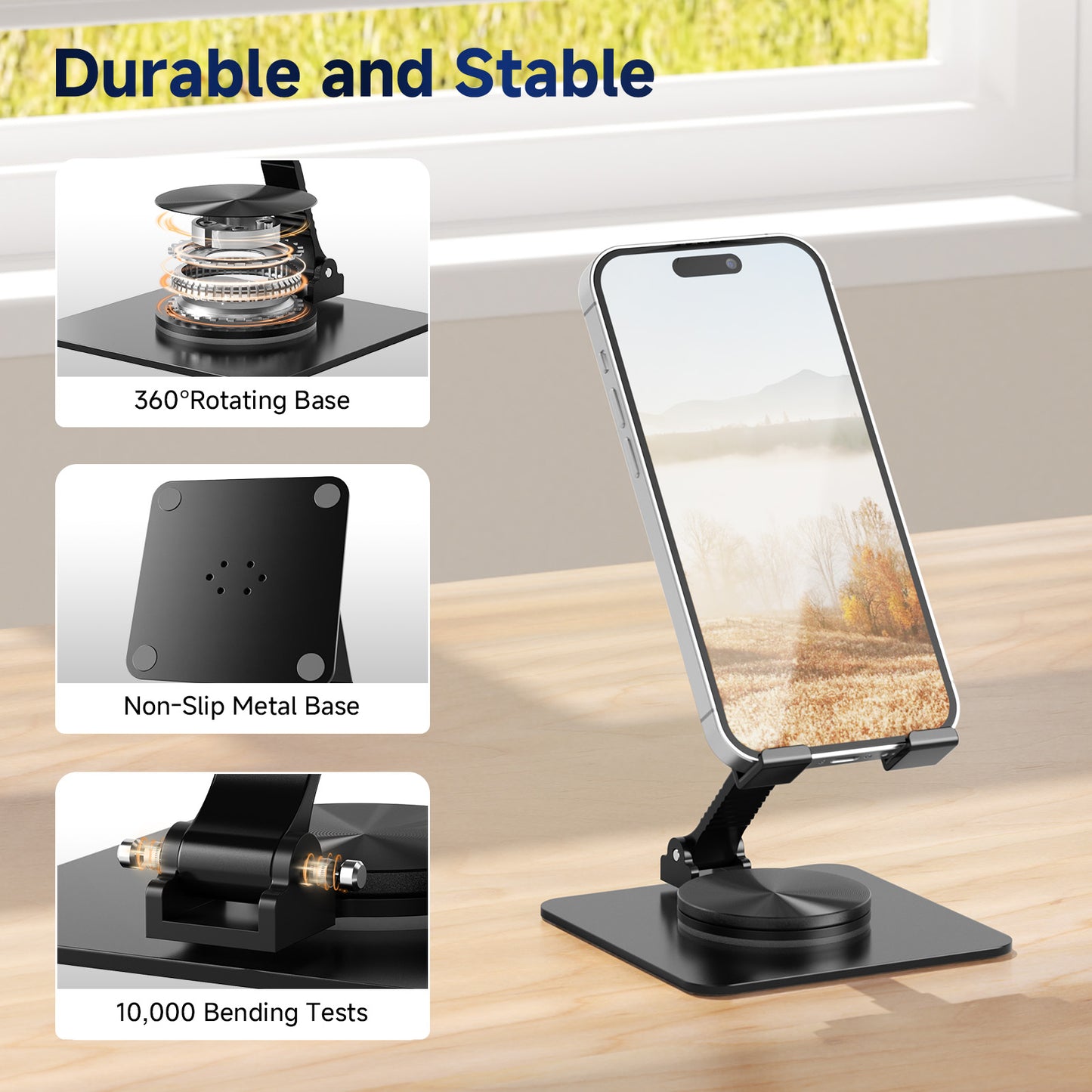 Ceecysaa 360 Rotating Cell Phone Stand, Adjustable Cell Phone Stand for Desk, Foldable Desktop Cell Phone Holder Accessories, Non-Slip Metal Base, Portable, Compatible with All Phones, Black
