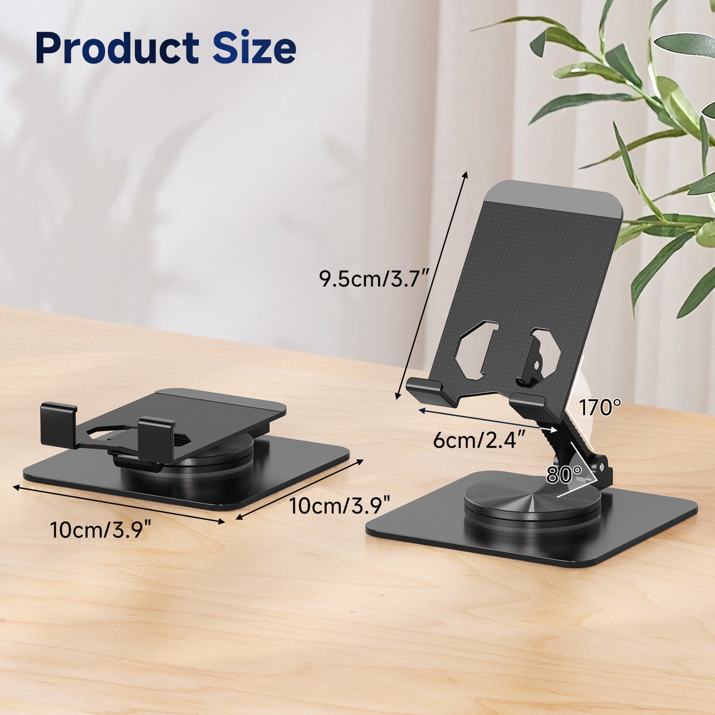 Ceecysaa 360 Rotating Cell Phone Stand, Adjustable Cell Phone Stand for Desk, Foldable Desktop Cell Phone Holder Accessories, Non-Slip Metal Base, Portable, Compatible with All Phones, Black