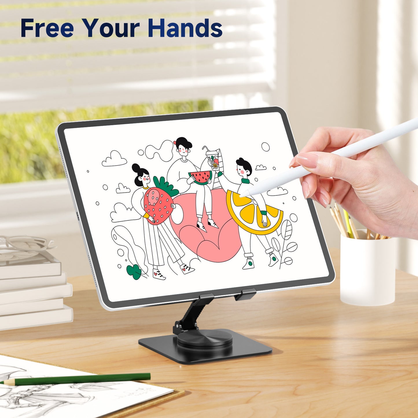 Ceecysaa 360 Rotating Cell Phone Stand, Adjustable Cell Phone Stand for Desk, Foldable Desktop Cell Phone Holder Accessories, Non-Slip Metal Base, Portable, Compatible with All Phones, Black