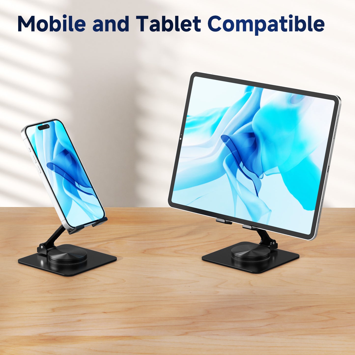 Ceecysaa 360 Rotating Cell Phone Stand, Adjustable Cell Phone Stand for Desk, Foldable Desktop Cell Phone Holder Accessories, Non-Slip Metal Base, Portable, Compatible with All Phones, Black