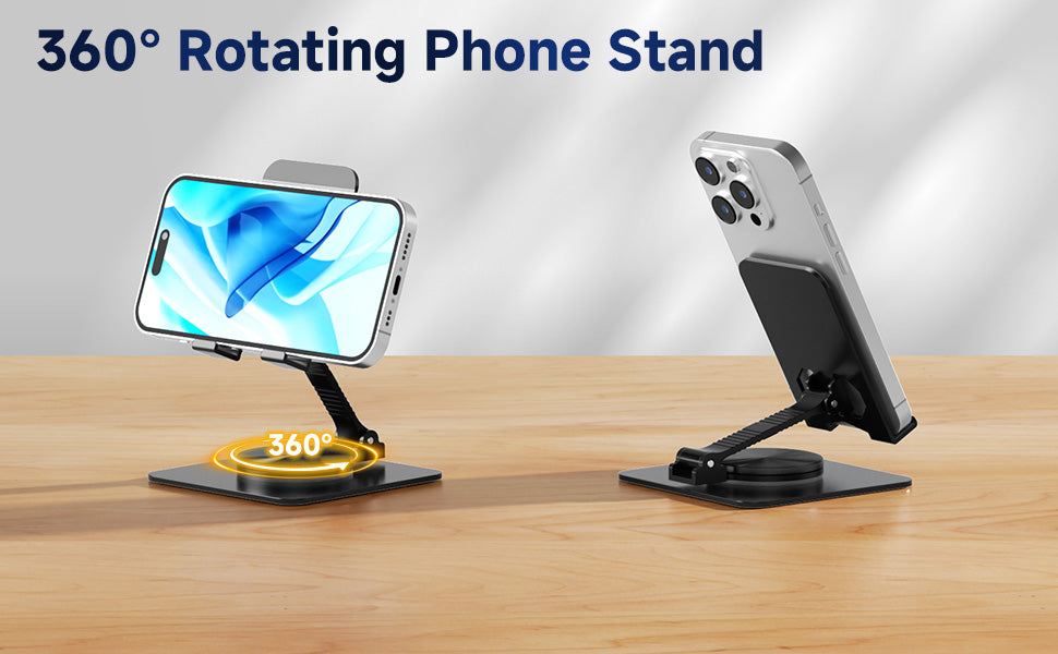 Ceecysaa 360 Rotating Cell Phone Stand, Adjustable Cell Phone Stand for Desk, Foldable Desktop Cell Phone Holder Accessories, Non-Slip Metal Base, Portable, Compatible with All Phones, Black