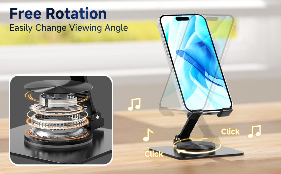 Ceecysaa 360 Rotating Cell Phone Stand, Adjustable Cell Phone Stand for Desk, Foldable Desktop Cell Phone Holder Accessories, Non-Slip Metal Base, Portable, Compatible with All Phones, Black