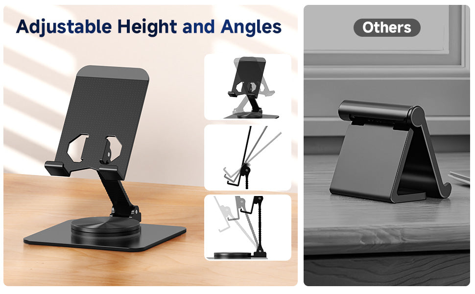 Ceecysaa 360 Rotating Cell Phone Stand, Adjustable Cell Phone Stand for Desk, Foldable Desktop Cell Phone Holder Accessories, Non-Slip Metal Base, Portable, Compatible with All Phones, Black