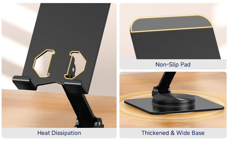 Ceecysaa 360 Rotating Cell Phone Stand, Adjustable Cell Phone Stand for Desk, Foldable Desktop Cell Phone Holder Accessories, Non-Slip Metal Base, Portable, Compatible with All Phones, Black